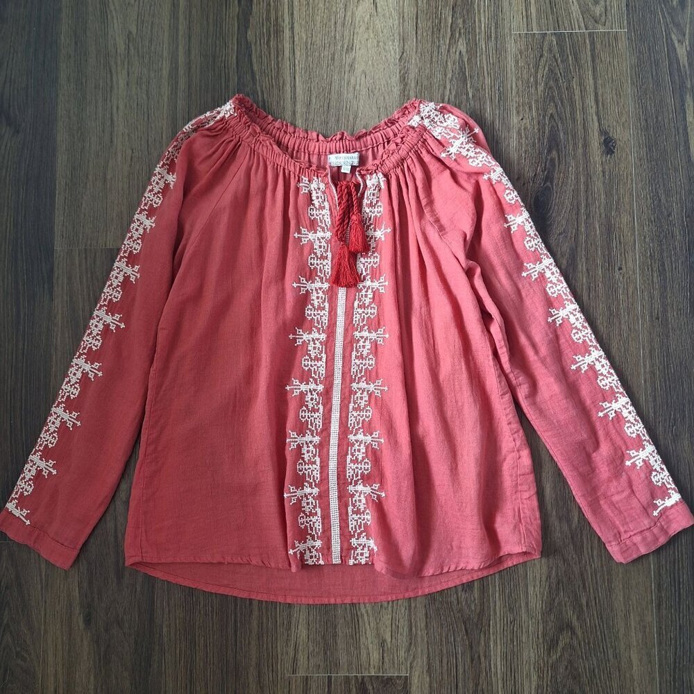 💙 World Market Embroidered Oversized Lightweight Boho Peasant Blouse Size S/M 1
